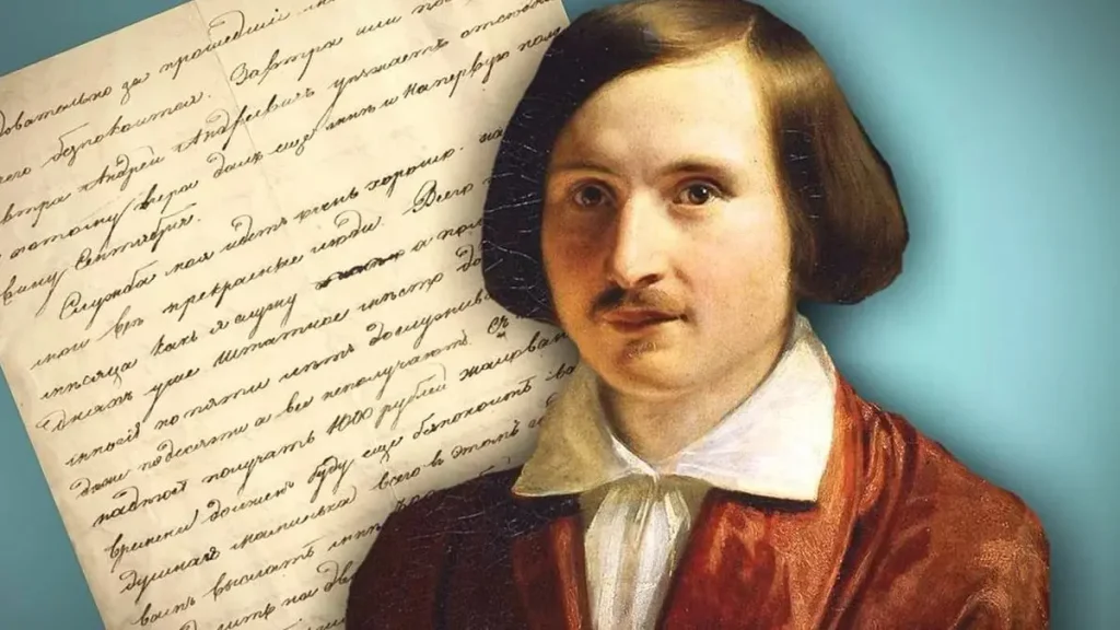 Portrait of Nikolai Gogol with handwritten manuscript pages of Dead Souls