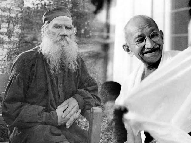 Leo Tolstoy and Mahatma Gandhi – black-and-white portraits of the two advocates of nonviolence